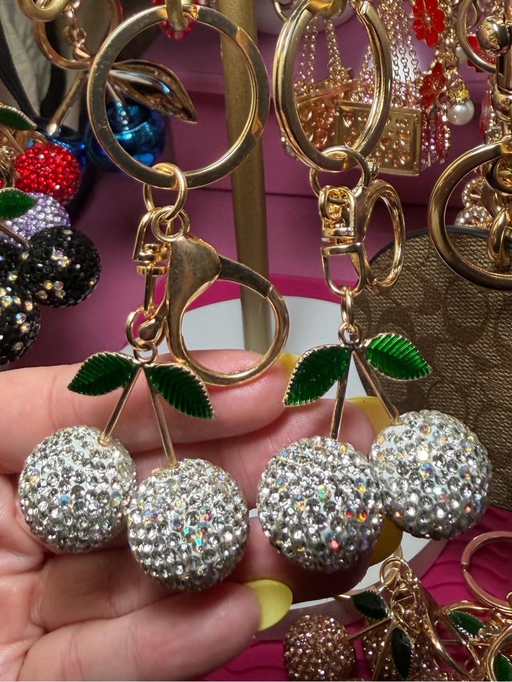 Sparkling Crystal Cherry Bag Keychain - Silver